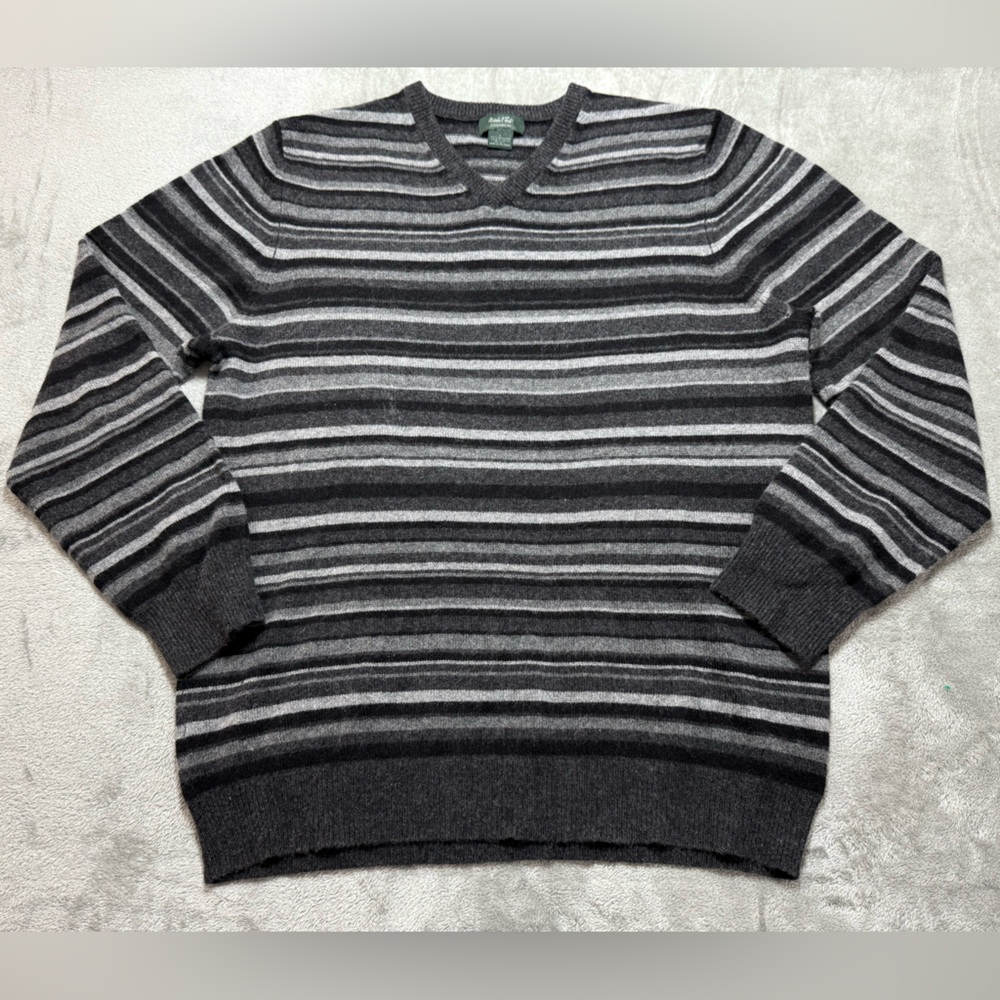 Marshall Fields Sweater Large Gray Stripes 100% Cashmere V Neck Preppy Vintage